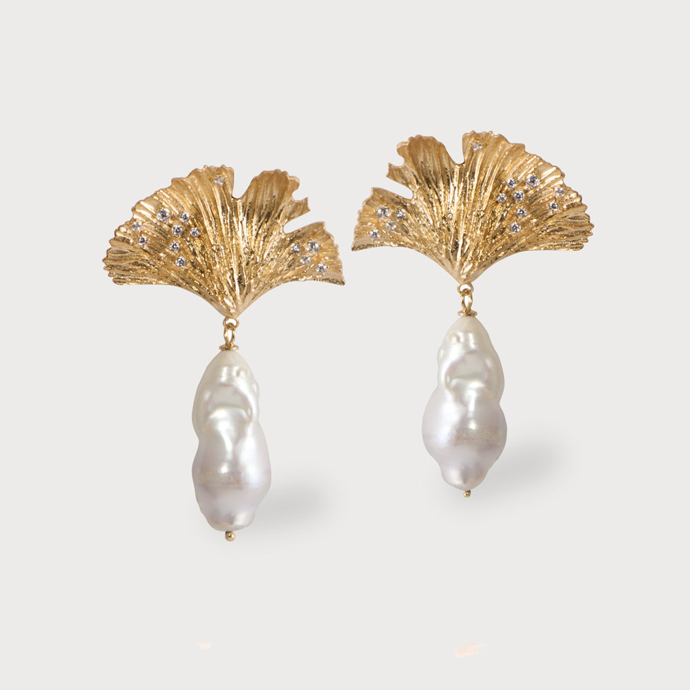 Ginkgo Leaf Vermeil Pearl earrings APPLES FIGS JEWELLERY