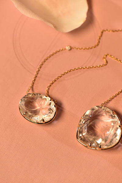 18k Gold & Diamond Camellia Clear Quartz necklace