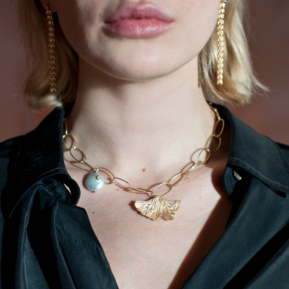 Love Potion Ginkgo Petal Pearl Vermeil Chain Necklace