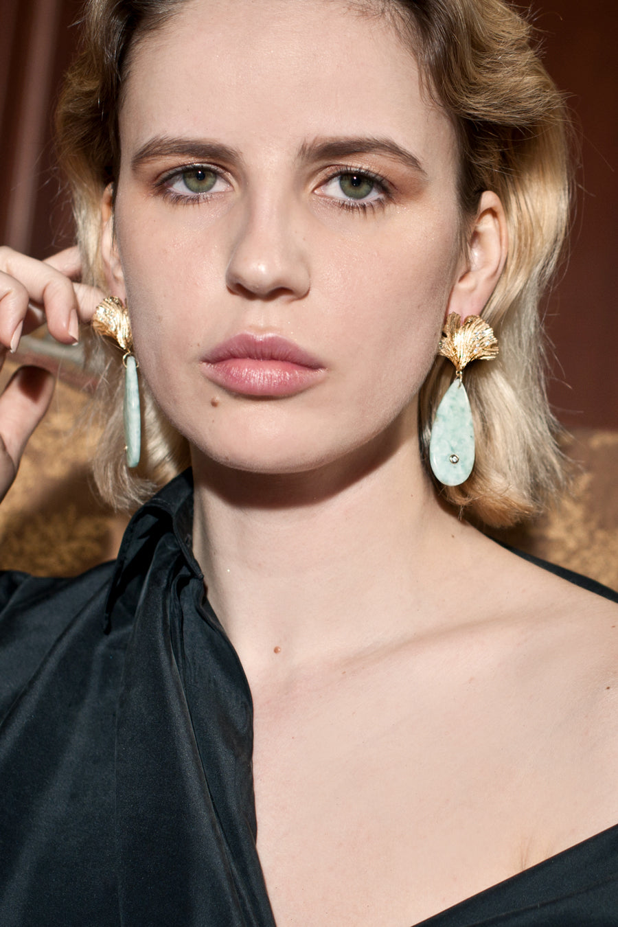 Ginkgo Leaf Vermeil Blue Onyx earrings