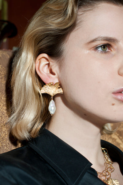 Ginkgo Leaf Vermeil Pearl earrings