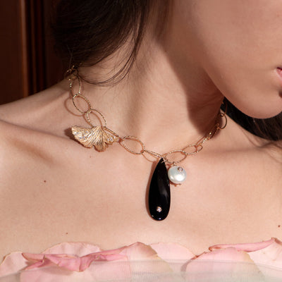 Ginkgo Leaf Pearl Black Onyx Vermeil Chain Necklace