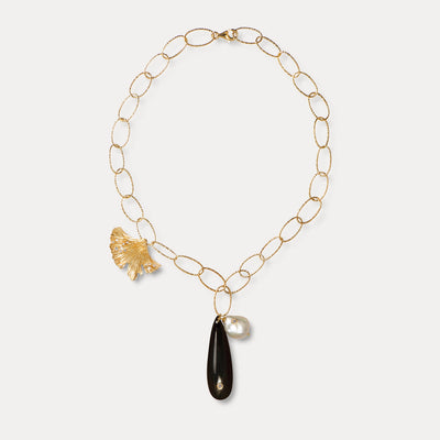 Ginkgo Leaf Pearl Black Onyx Vermeil Chain Necklace