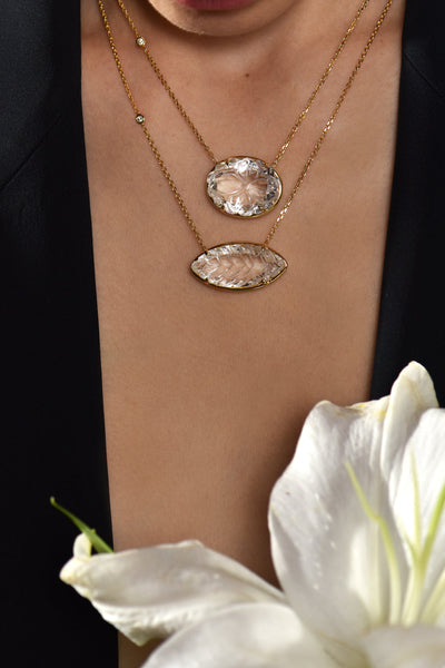 18k Gold & Diamond Camellia Clear Quartz necklace