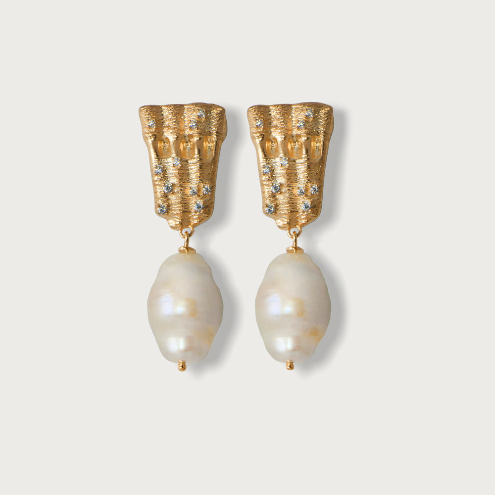 Shell Vermeil Pearl Cubic Zirconia Earrings