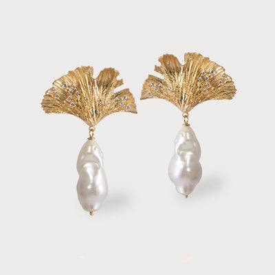 Ginkgo Leaf Vermeil Pearl earrings